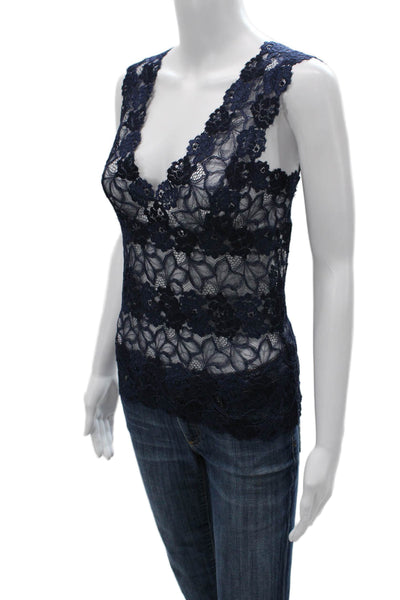 Josie Natori Women Basic Floral V Neck Spandex Sleeveless Tank Blue Size M