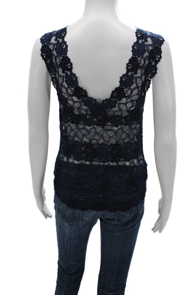 Josie Natori Women Basic Floral V Neck Spandex Sleeveless Tank Blue Size M