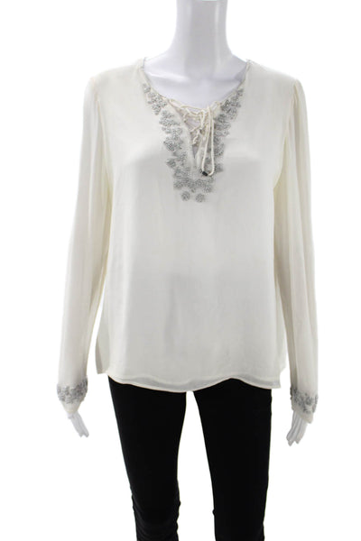 Rebecca Minkoff Womens Silk V-Neck Tunic Blouse White Long Sleeve Size L