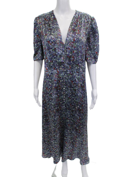 Luisa Beccaria Women Maxi Dress Blue Floral V-Neck Button Half Sleeve Size 48