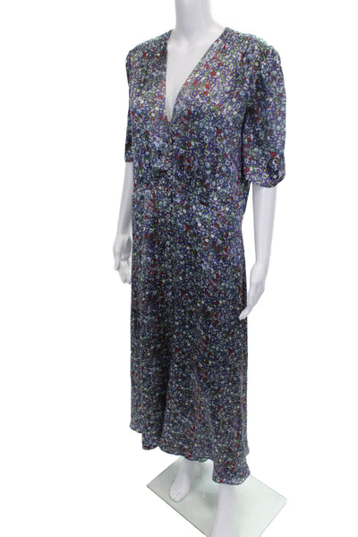 Luisa Beccaria Women Maxi Dress Blue Floral V-Neck Button Half Sleeve Size 48