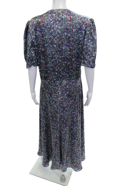 Luisa Beccaria Women Maxi Dress Blue Floral V-Neck Button Half Sleeve Size 48