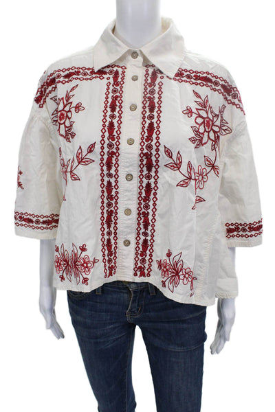 We The Free Womens Floral Collared Button Up Cotton 3/4 Sleeve White Size XS