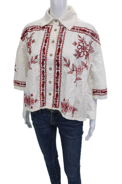 We The Free Womens Floral Collared Button Up Cotton 3/4 Sleeve White Size XS