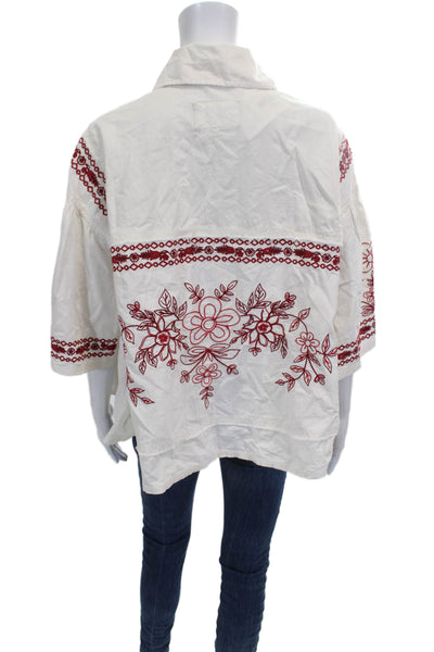 We The Free Womens Floral Collared Button Up Cotton 3/4 Sleeve White Size XS