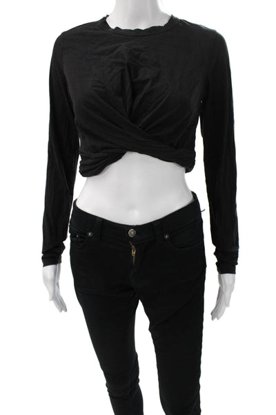 ALC Women Cropped Black Cotton Long Sleeve T-Shirt Round Neck Tie Size S