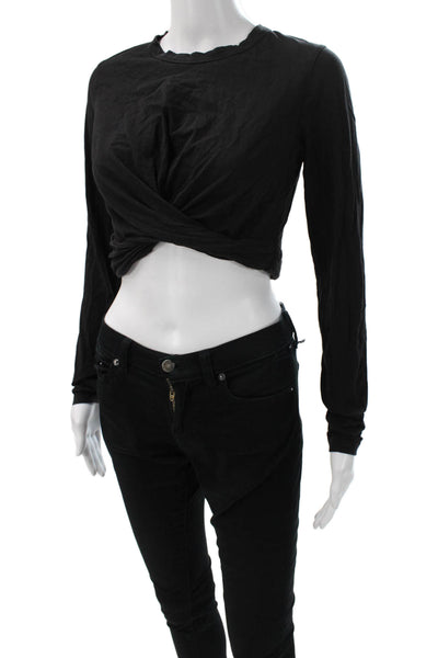 ALC Women Cropped Black Cotton Long Sleeve T-Shirt Round Neck Tie Size S
