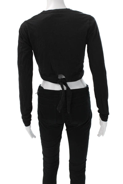 ALC Women Cropped Black Cotton Long Sleeve T-Shirt Round Neck Tie Size S