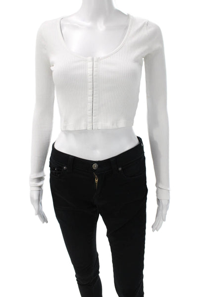 Superdown Womens Cropped T Shirt White Scoop Neck Long Sleeve Cotton Size S