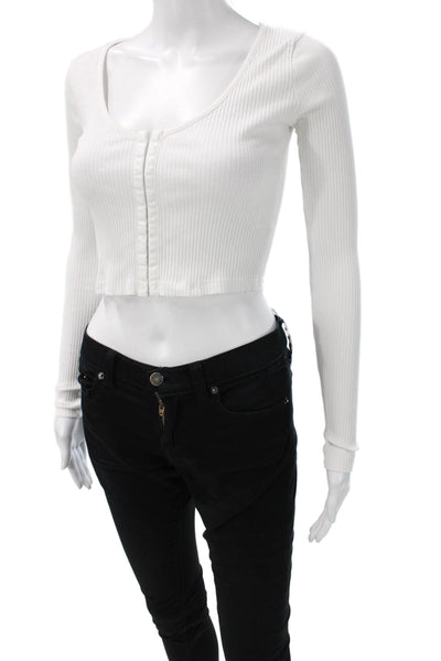 Superdown Womens Cropped T Shirt White Scoop Neck Long Sleeve Cotton Size S