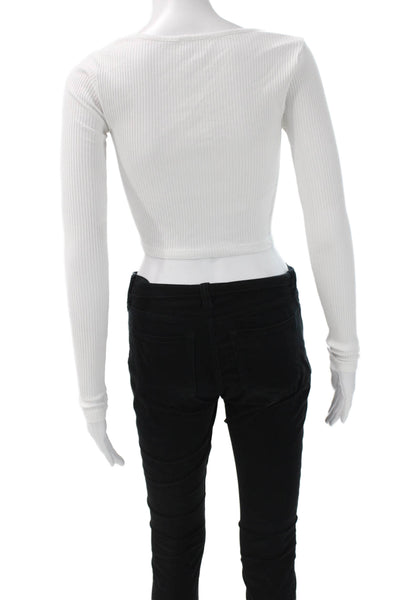 Superdown Womens Cropped T Shirt White Scoop Neck Long Sleeve Cotton Size S
