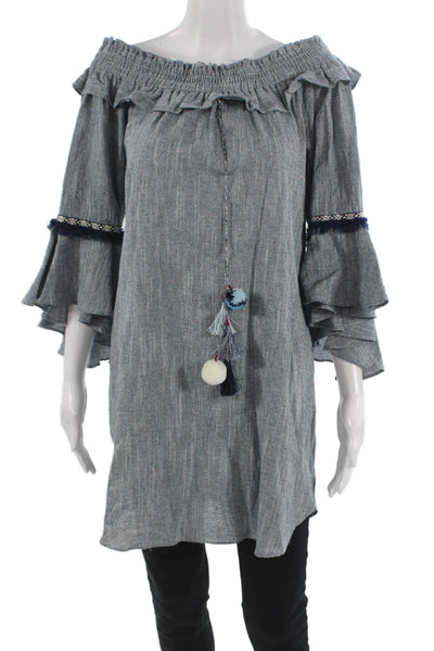 Misa Womens Off Shoulder Cotton Shift Dress Blue 3/4 Sleeve Size L