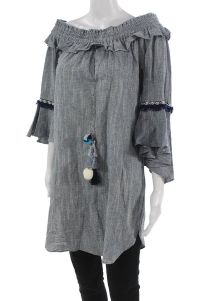 Misa Womens Off Shoulder Cotton Shift Dress Blue 3/4 Sleeve Size L
