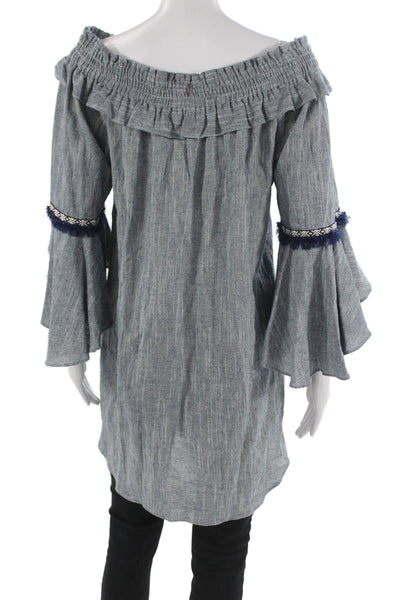 Misa Womens Off Shoulder Cotton Shift Dress Blue 3/4 Sleeve Size L