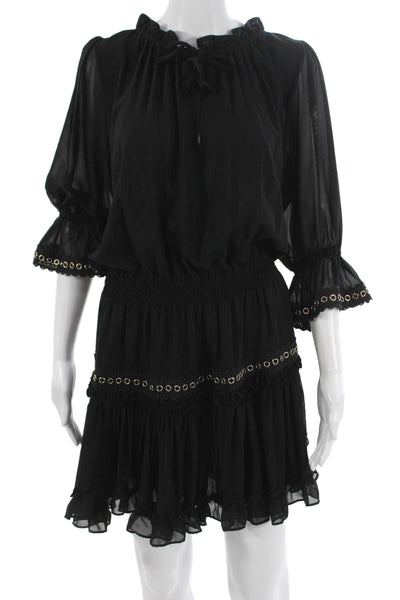 Misa Women Mini Dress Black 3/4 Sleeve Round Neck Viscose Size L