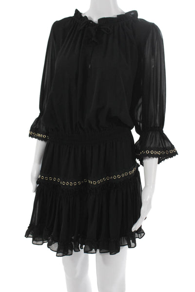 Misa Women Mini Dress Black 3/4 Sleeve Round Neck Viscose Size L