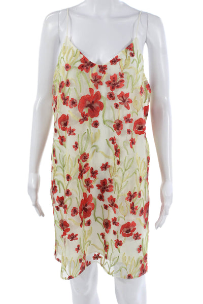 Little Moon Women Slip Dress Ivory V Neck Floral Short Nylon Size L