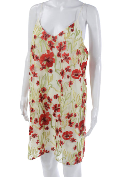 Little Moon Women Slip Dress Ivory V Neck Floral Short Nylon Size L