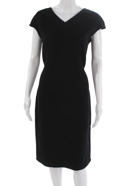 Faconnable Womens Sheath Dress Black Wool V-Neck Knee Short Sleeve Size 10