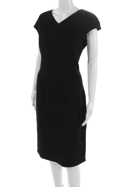 Faconnable Womens Sheath Dress Black Wool V-Neck Knee Short Sleeve Size 10
