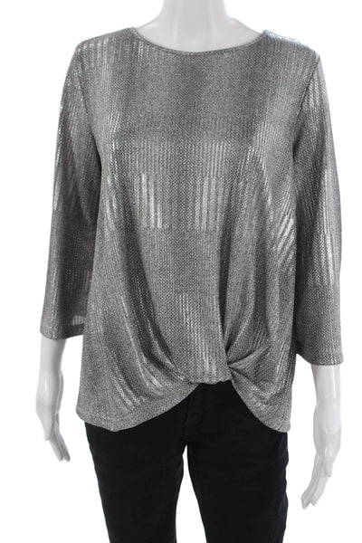 Clara Sun Woo Womens Striped Round Neck 3/4 Sleeve Blouse Silver Size S