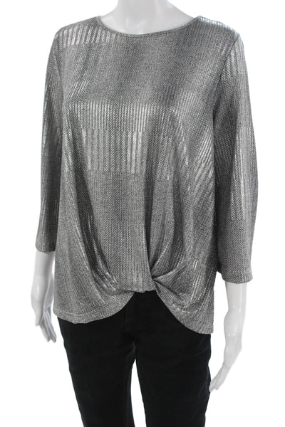 Clara Sun Woo Womens Striped Round Neck 3/4 Sleeve Blouse Silver Size S