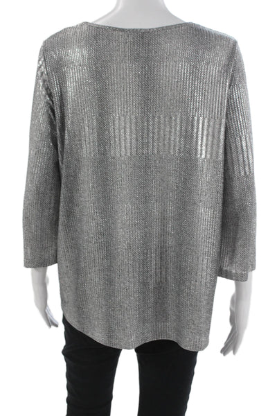 Clara Sun Woo Womens Striped Round Neck 3/4 Sleeve Blouse Silver Size S
