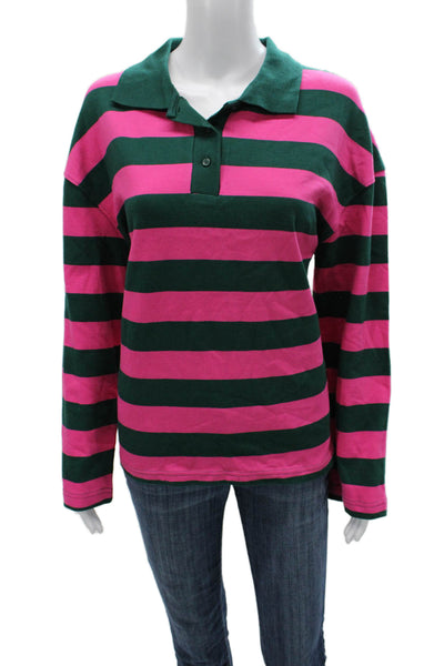 Zara Women Pink Striped Cotton Collared Polo Button Long Sleeve Size S