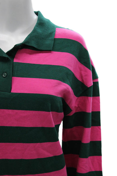 Zara Women Pink Striped Cotton Collared Polo Button Long Sleeve Size S