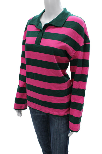 Zara Women Pink Striped Cotton Collared Polo Button Long Sleeve Size S