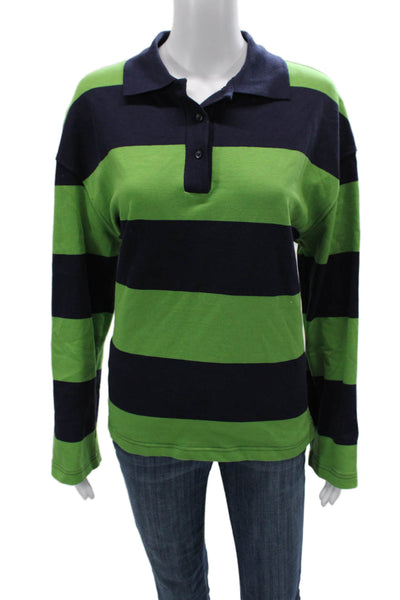 Zara Women Green Striped Cotton Collared Basic Polo Long Sleeve Size S