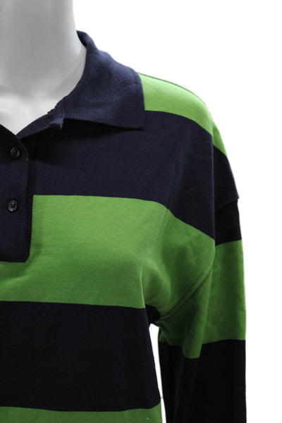 Zara Women Green Striped Cotton Collared Basic Polo Long Sleeve Size S