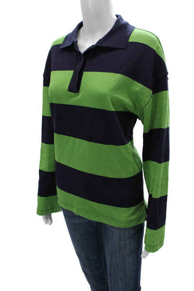 Zara Women Green Striped Cotton Collared Basic Polo Long Sleeve Size S
