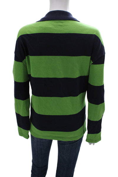 Zara Women Green Striped Cotton Collared Basic Polo Long Sleeve Size S