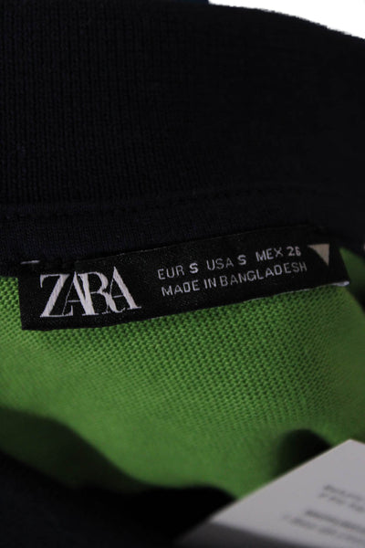 Zara Women Green Striped Cotton Collared Basic Polo Long Sleeve Size S
