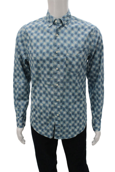 J Crew Mens Cotton Geometric Collared Long Sleeve Button-Down Shirt Blue Size S