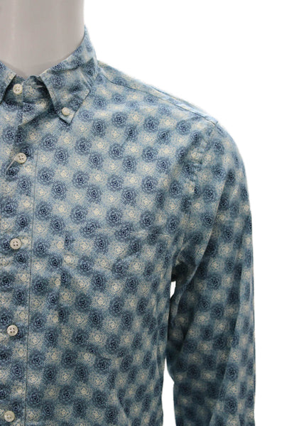 J Crew Mens Cotton Geometric Collared Long Sleeve Button-Down Shirt Blue Size S