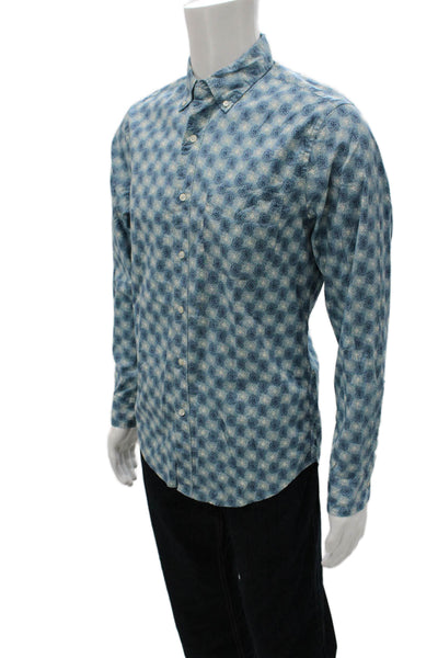 J Crew Mens Cotton Geometric Collared Long Sleeve Button-Down Shirt Blue Size S
