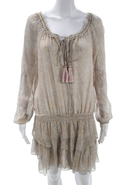 Love Shack Fancy Women Beige Silk Blouson Dress Long Sleeve Scoop Neck Size L
