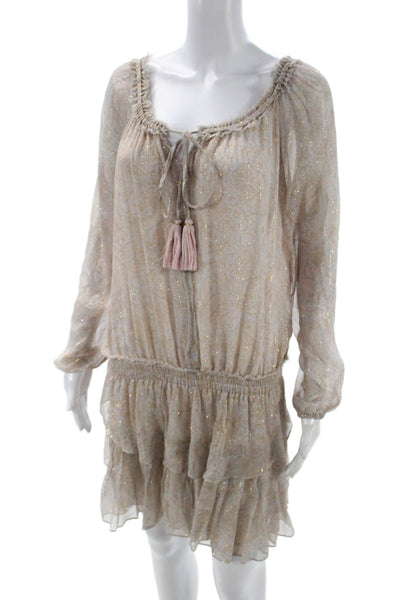 Love Shack Fancy Women Beige Silk Blouson Dress Long Sleeve Scoop Neck Size L
