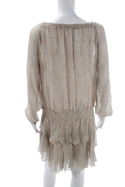 Love Shack Fancy Women Beige Silk Blouson Dress Long Sleeve Scoop Neck Size L