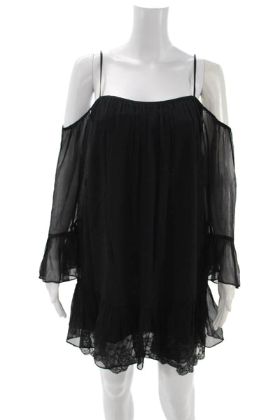 Amanda Uprichard Women Shift Dress Black Silk Square Neck Long Sleeve Size M