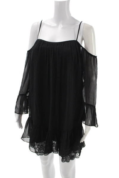 Amanda Uprichard Women Shift Dress Black Silk Square Neck Long Sleeve Size M