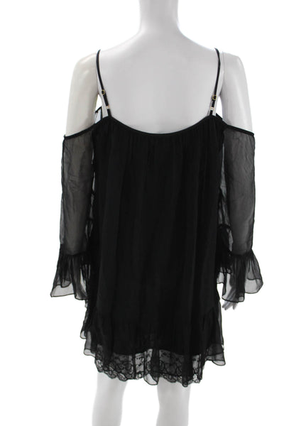 Amanda Uprichard Women Shift Dress Black Silk Square Neck Long Sleeve Size M