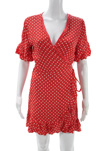 Privacy Please Women Wrap Dress Red Polka Dot V-Neck Short Sleeve Size L