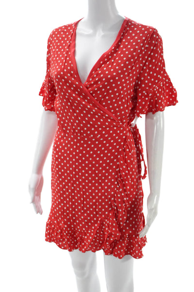 Privacy Please Women Wrap Dress Red Polka Dot V-Neck Short Sleeve Size L