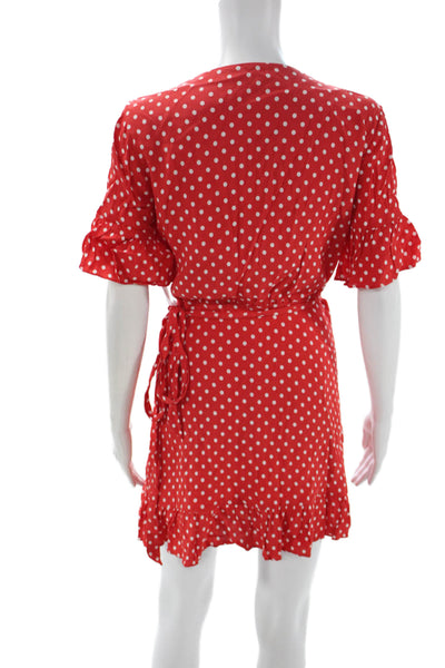 Privacy Please Women Wrap Dress Red Polka Dot V-Neck Short Sleeve Size L