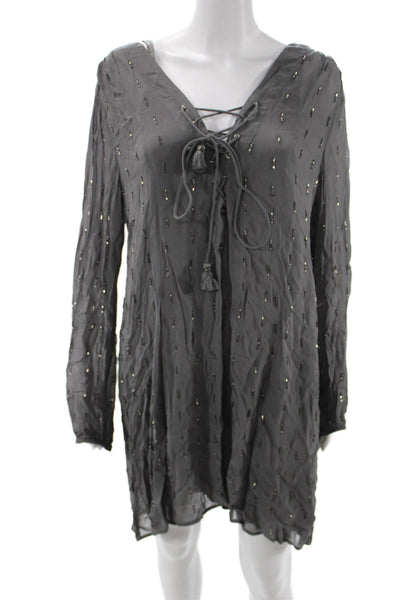 Chan Luu Women Shift Dress Gray V Neck Lace Up Long Sleeve Viscose Short Size L