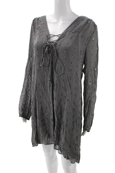 Chan Luu Women Shift Dress Gray V Neck Lace Up Long Sleeve Viscose Short Size L