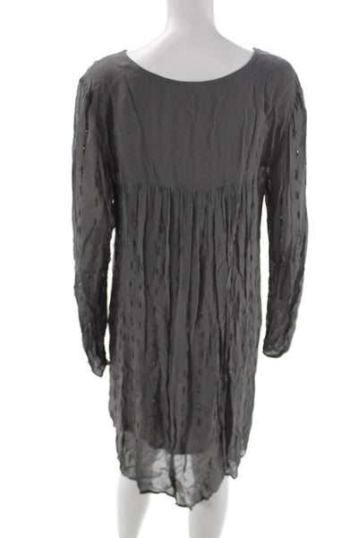 Chan Luu Women Shift Dress Gray V Neck Lace Up Long Sleeve Viscose Short Size L